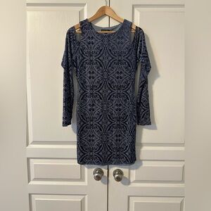 As U Wish Cold Shoulder Velvety Black and Gray Patterned Mini Dress, L